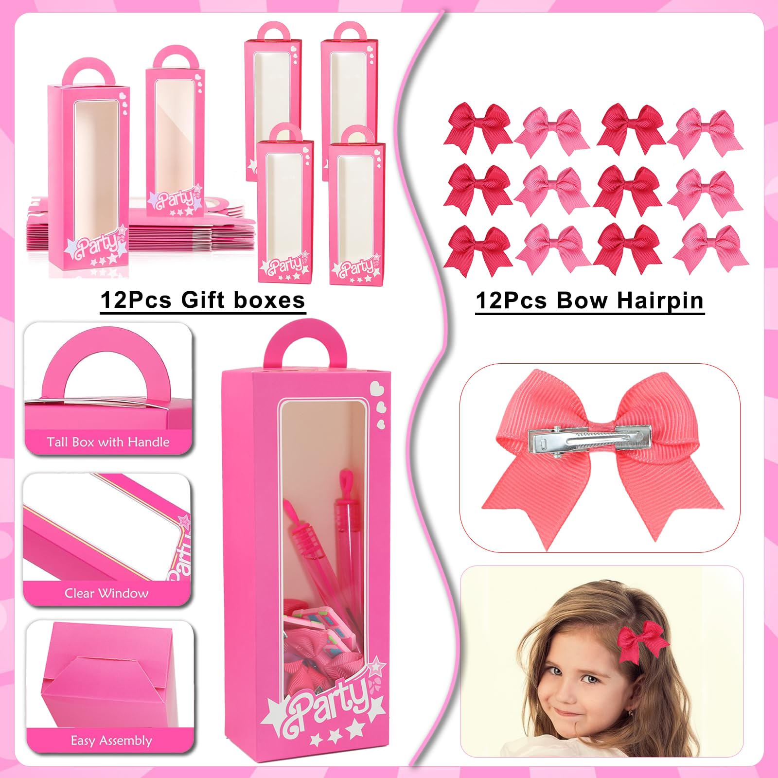156PCS Pink Girls Party Favors - Little Girl's Birthday Supplies Set with Heart Glasses, Bubble Sticks, Bracelets, Stickers, and More – Ideal Goodie Bag Stuffers for Birthday Party Decorations