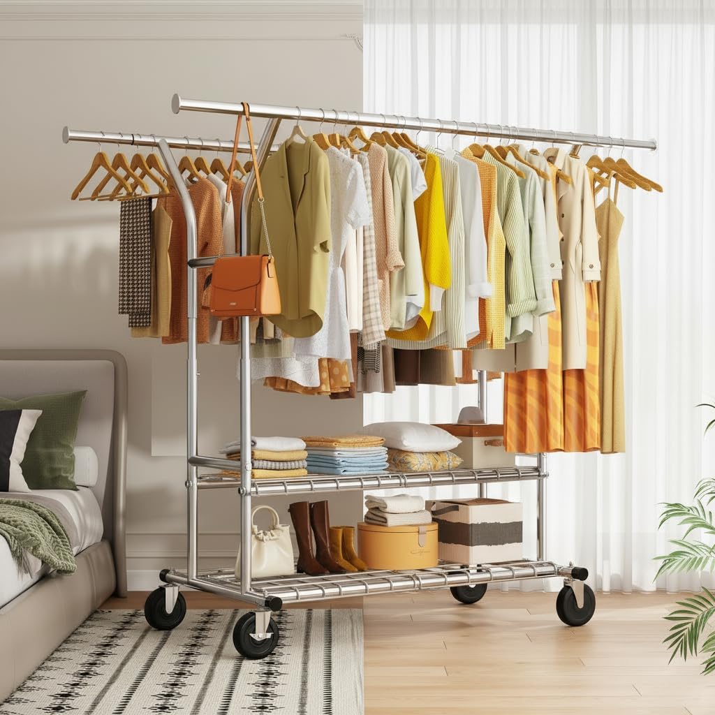 Raybee Heavy-Duty Clothing Rack - 630 LBS Capacity | Rolling Metal Garment Rack for Closet & Laundry Room