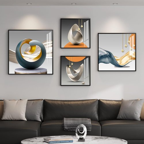 Abstract Luxury Geometric Wall Art Set by [Brand Name] - 4 Framed Prints in Orange, Gray & Gold for Modern Living Spaces