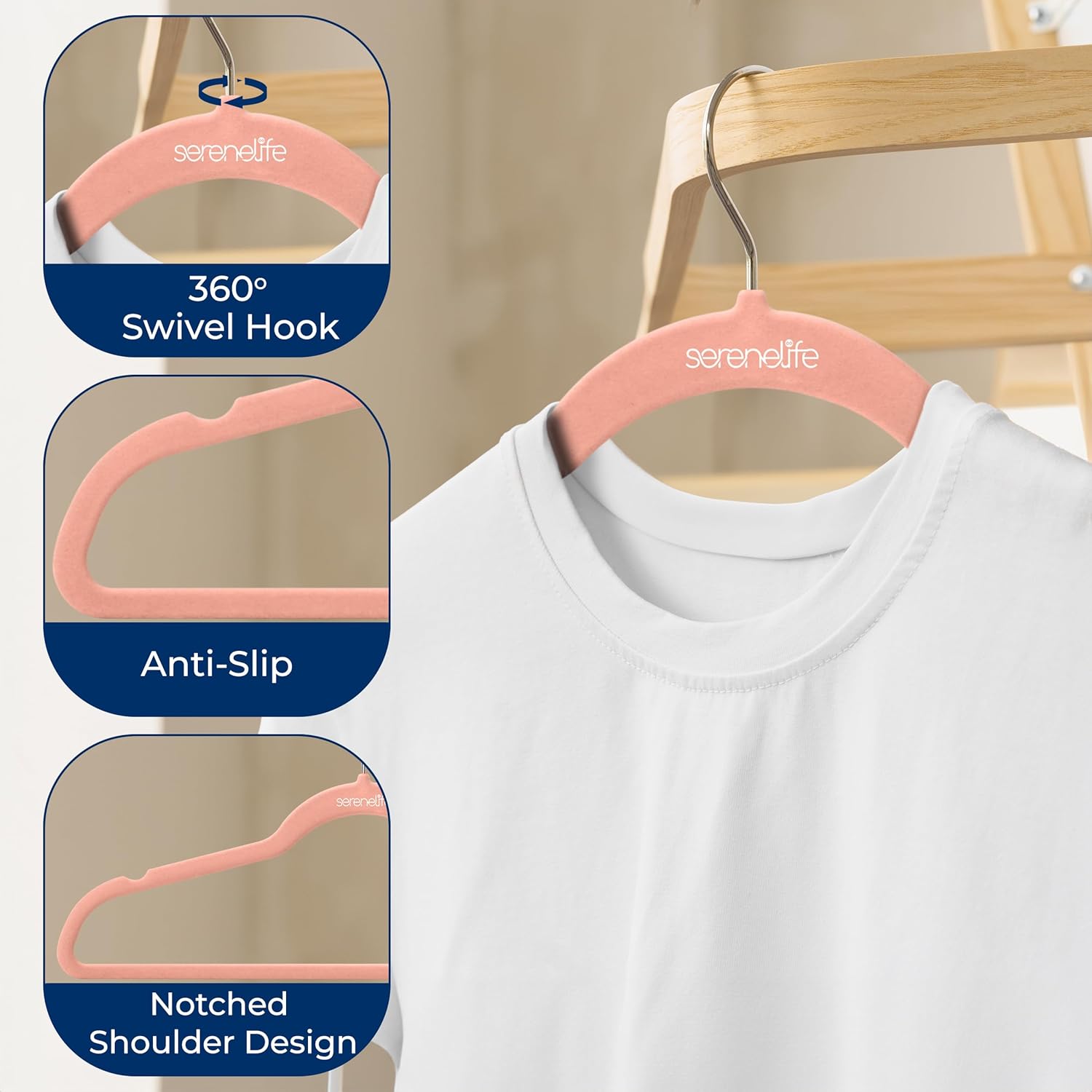 SereneLife Velvet Hangers - Non-Slip Felt Design with 360° Swivel Hook - Ultra-Thin & Space-Saving for Shirts, Sweaters, Kids Clothes & More