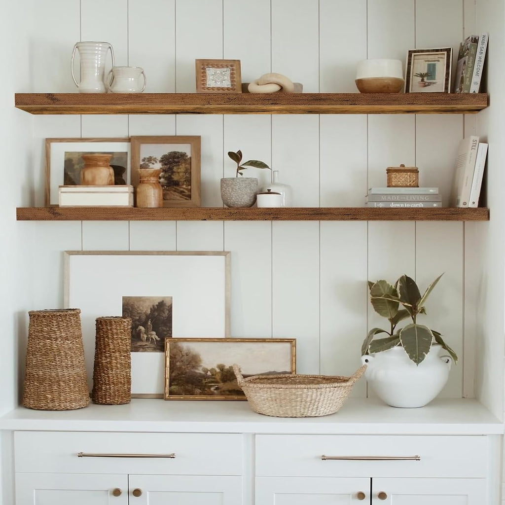 QEEIG Floating Shelves - Extra Long Rustic Brown Wall Shelf Set of 2 | 55.1 x 9.3 Inch for Home Decor