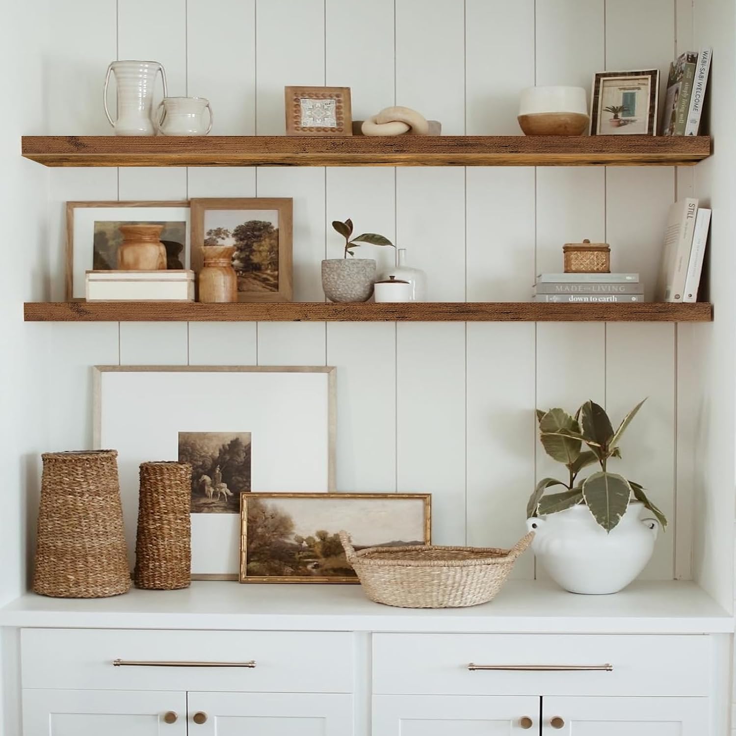 QEEIG Floating Shelves - Extra Long Rustic Brown Wall Shelf Set of 2 | 55.1 x 9.3 Inch for Home Decor