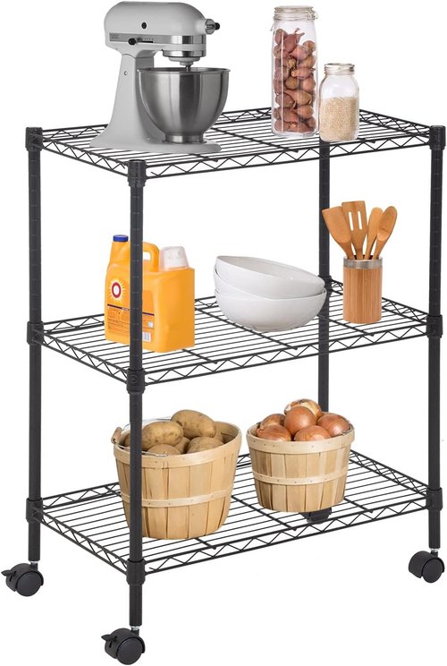 FDW Metal Storage Shelves - 3-Tier Wire Shelving Unit with Wheels for Kitchen & Garage | Black, 23L x 13W x 32H