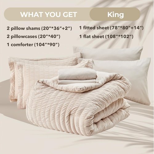 HYMOKEGE King Size Comforter Set - 7-Piece Seersucker Luxury Bedding in Beige for All Seasons