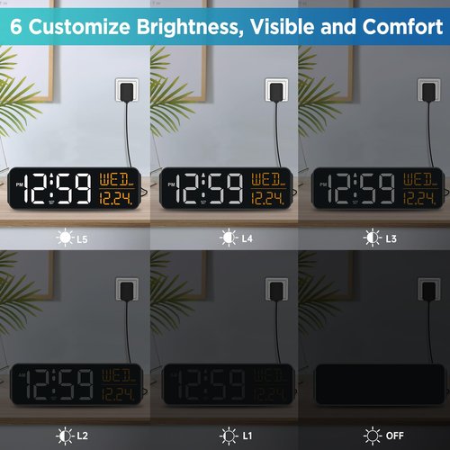 Peakeep Large Display Digital Alarm Clock for Bedrooms, Date Day of Week Desk Table Clocks for Living Room Office, Dimmable 5 Dimmers Plug in Electric Clock, Auto DST