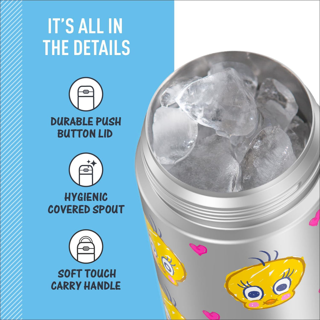 THERMOS FUNTAINER 16 Ounce Stainless Steel Vacuum Insulated Bottle - Wide Spout Lid | Looney Tunes Design