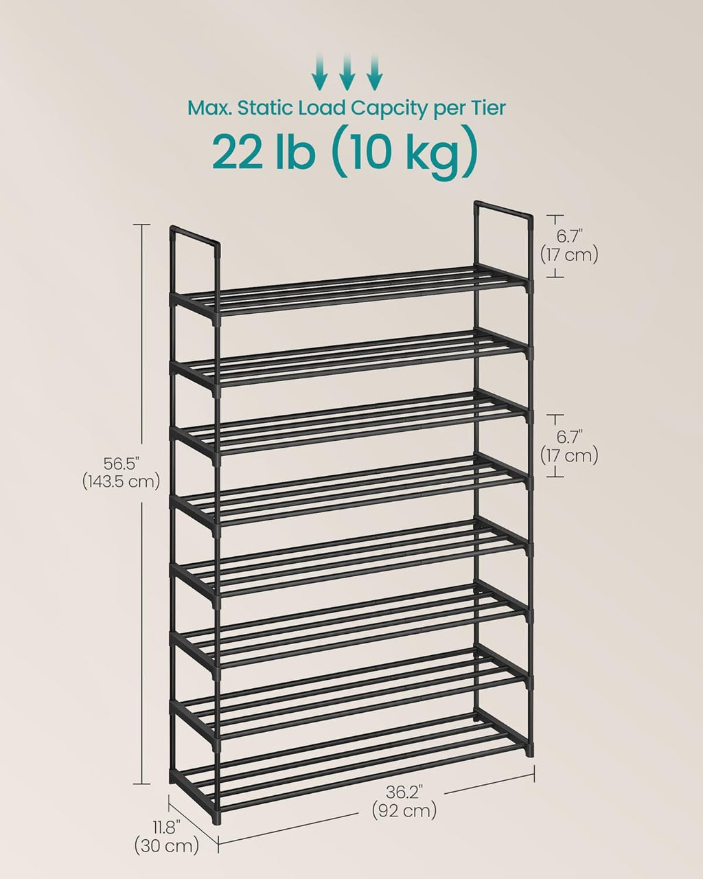 SONGMICS 8-Tier Shoe Rack - Stackable Metal Organizer for 32-40 Pairs | Black, 11.8 x 36.2 x 56.5 Inches