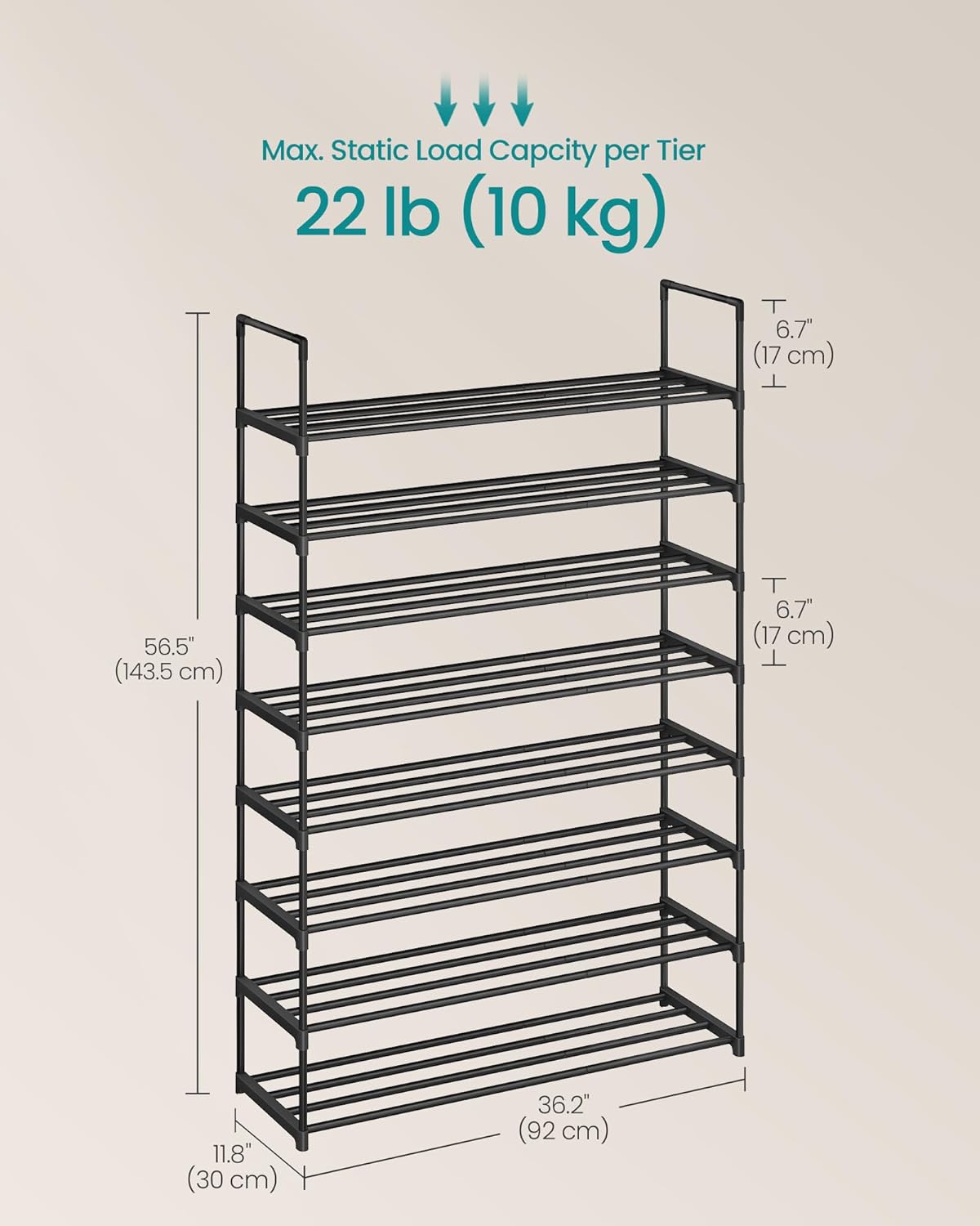 SONGMICS 8-Tier Shoe Rack - Stackable Metal Organizer for 32-40 Pairs | Black, 11.8 x 36.2 x 56.5 Inches