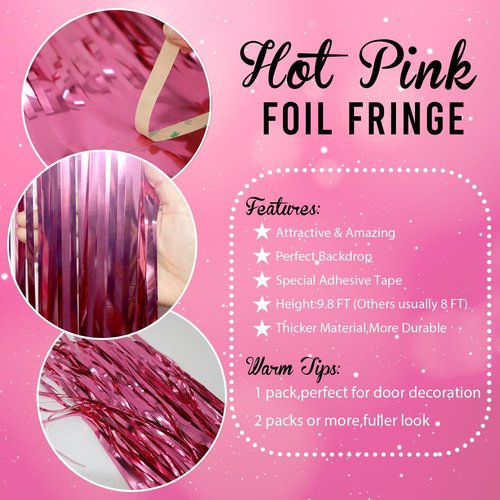 GOER Metallic Tinsel Foil Fringe Curtains - 3.2 ft x 8.2 ft Party Backdrop for Galentine's Day, Birthdays & Weddings | Hot Pink