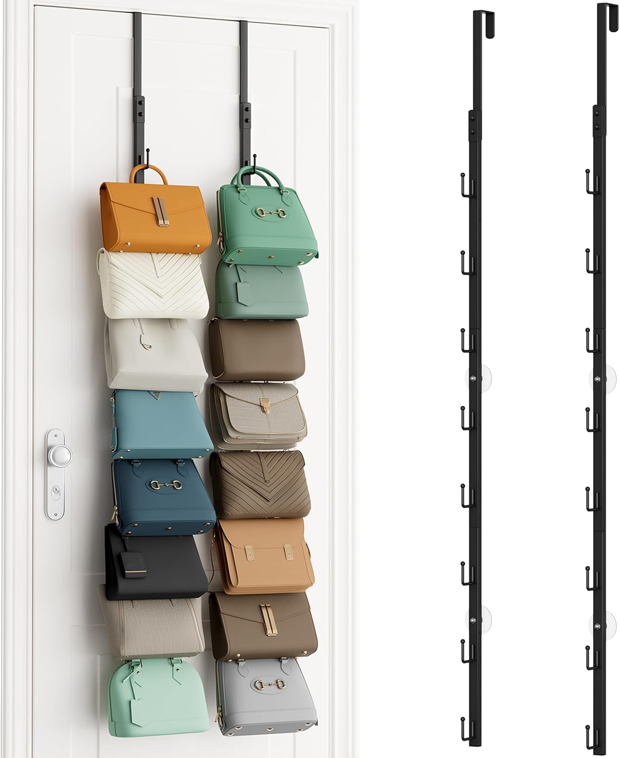 SWTYMIKI Over The Door Purse Organizer - 2-Pack Wall-Mounted Rack with 8 Hooks for 16 Bags | Black