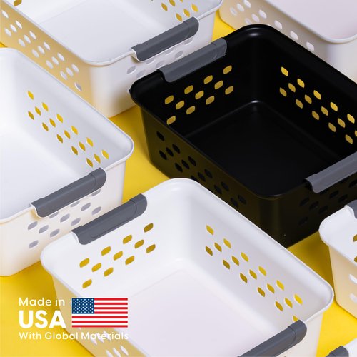 IRIS USA Plastic Storage Baskets, 12-Pack, Made in USA, Shelf Baskets Small Baskets Organizing Bins For Pantry Countertops Closet Shelves Office, Muti-Purpose, Nestable, Easy Carry, White