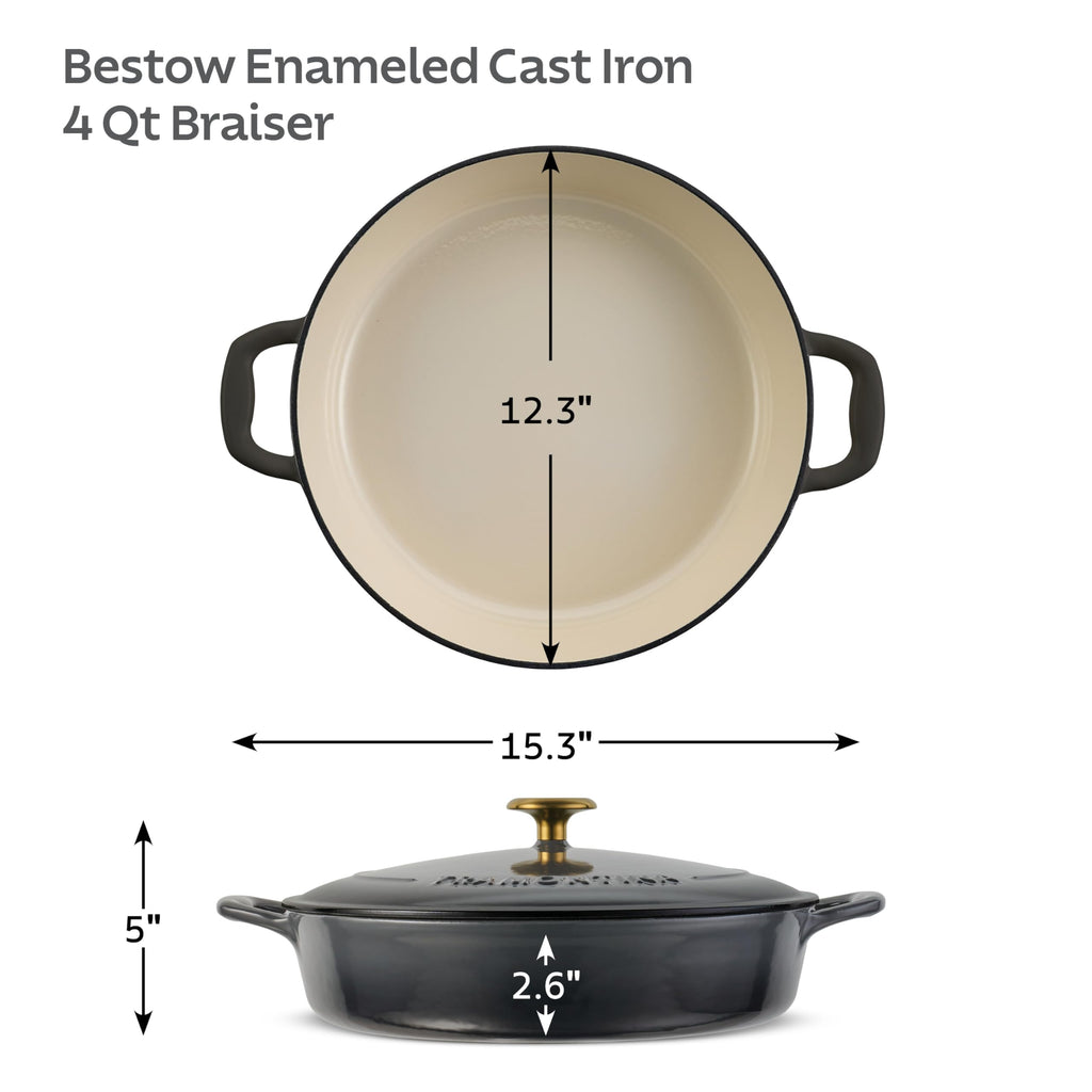 Tramontina Bestow Enameled Cast Iron Braiser Pan with Lid, 4-quart, Smoke with Gold Knob