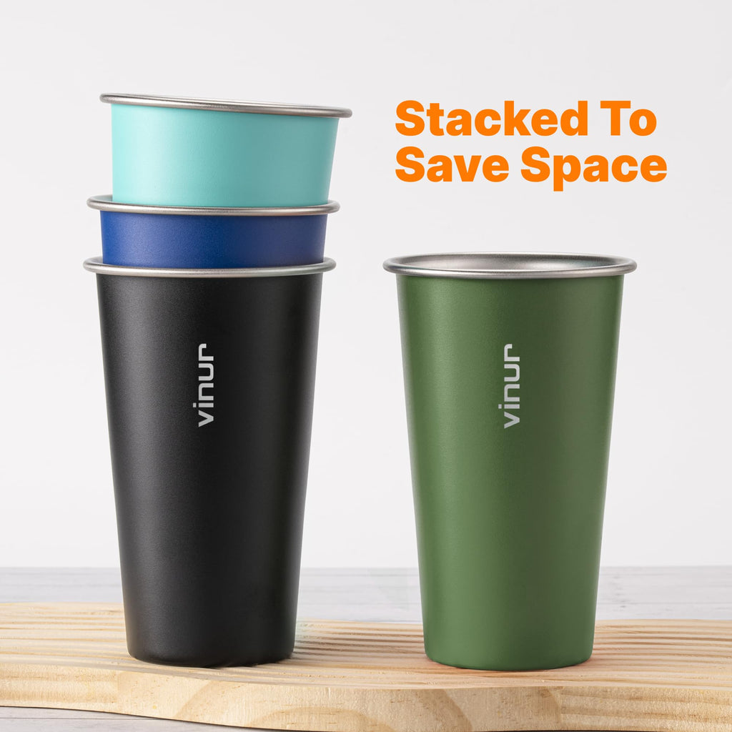 VINUR 4 Pack Stainless Steel Cups 20 oz Pint Tumbler Stackable Metal Drinking Glasses for Travel, Camping, Outdoors (Green-Black-Teal-Navy)