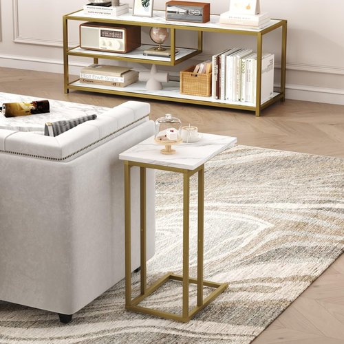 Function Home C Shaped End Table, Small Side Tables for Sofa Bed, Couch Tables That Slide Under, Drink Snack Table for Living Room Bedroom Small Space, White Wood Top and Gold Metal Frame