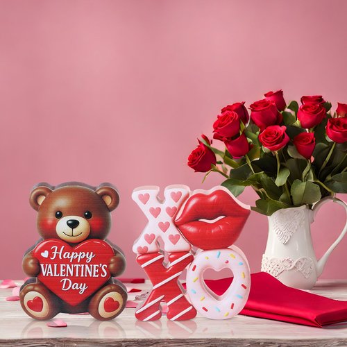 Wesiti 2 Pcs Valentines Day Wooden Bear Decorations Bear Figurines XOXO Tabletop Happy Valentine's Day Table Centerpiece Decorations for Home Indoor Anniversary Wedding Decor Gifts for Him Her