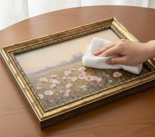 Gold Framed Vintage Pink Wildflower Canvas Wall Art - Rustic Spring Landscape Painting 9x11in