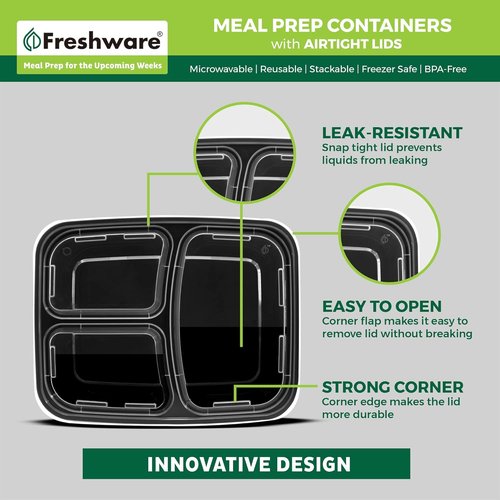Freshware Meal Prep Containers - 50 Pack 3 Compartment Food Storage with Lids | BPA Free, Stackable, Microwave Safe (24 oz)