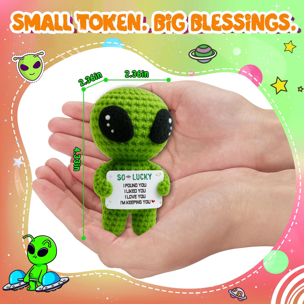MAMAGIFTREE I Love You Wedding Anniversary Present for Him Boyfriend Husband Fiance Wife Her with Small Card, Valentines Day Gifts Women Men - Romantic Theme Crochet Alien Decor