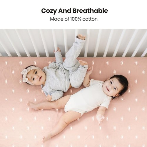Konssy Muslin Crib Sheets - Soft & Breathable Cotton Baby Sheets | 2 PCS for Standard Crib Mattress, 52"x28" (Pink Sun & Khaki Leaf)