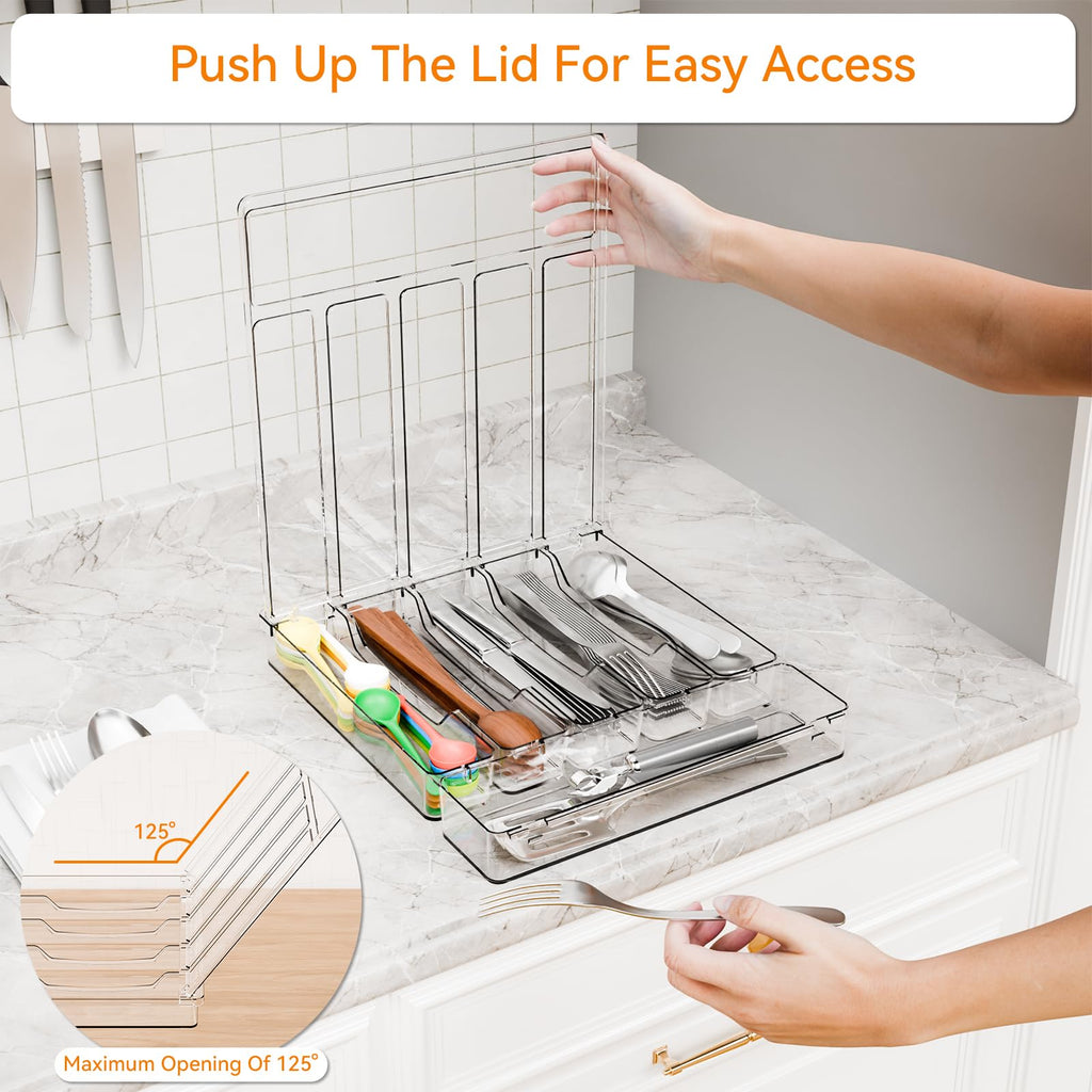Yieach Clear Silverware Organizer with Lid - 12 inch Wide - Large Silverware Drawer Organizer & Tray and Utensil Drawer Organizers with Lid,BPA Free Plastic Flatware Drawers Organizers for Fork,Spoon