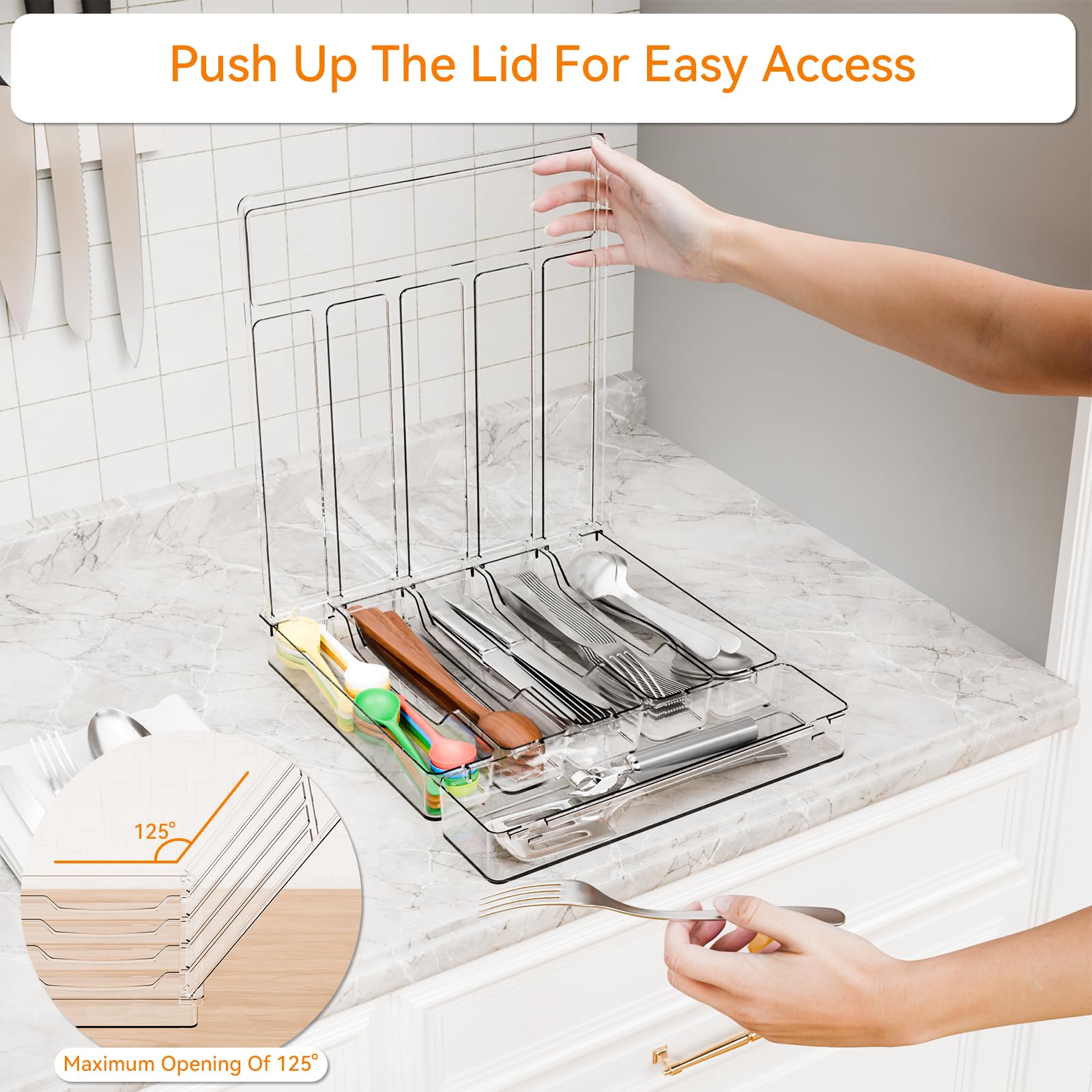 Yieach Clear Silverware Organizer with Lid - 12 inch Wide - Large Silverware Drawer Organizer & Tray and Utensil Drawer Organizers with Lid,BPA Free Plastic Flatware Drawers Organizers for Fork,Spoon