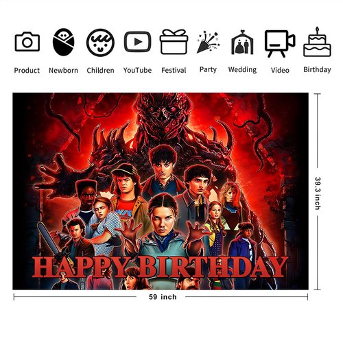 Stranger Season 5 Things Birthday Decorations, Stranger Season 5 Things Happy Birthday Banner Backdrop for Kids Birthday Party Supplies (5x3ft)