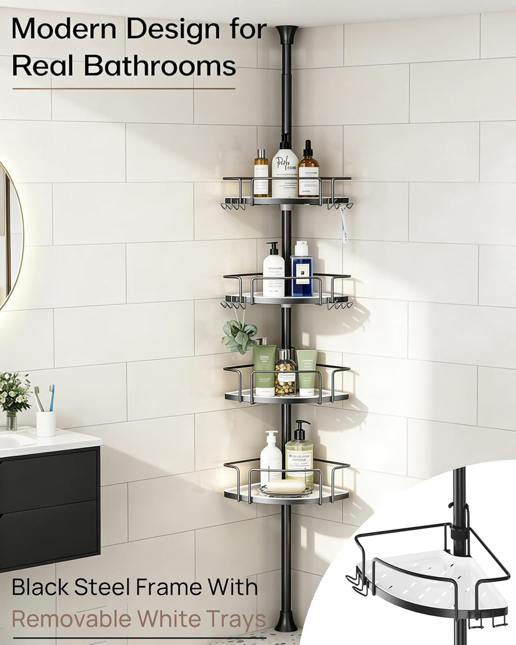 ALLZONE Corner Shower Caddy - Rustproof Stainless Steel Tension Pole with 4 Baskets & Extra Hooks | Fits 34–116 Inch, Black/White
