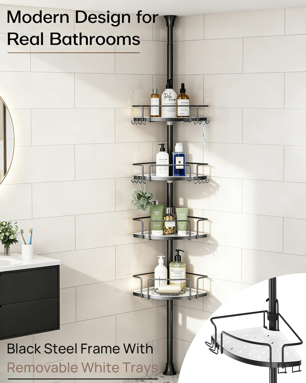 ALLZONE Corner Shower Caddy Tension Pole, 4 Hang-On Basket with Mixed-Height Shelves for Various Bottle Sizes, Extra Hooks & Soap Holder, Rustproof Stainless Steel, Fits 34–116 Inch, Silver