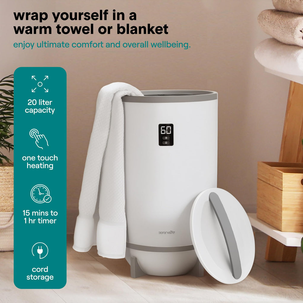 SereneLife Towel Warmer & Blanket Warmer, Single Touch Hot Towel Warmer with LED Ring, Timer, Auto Shut Off, 21.5" Bathroom Towel Warmer with 20L Capacity Fits 2 Towels, Includes 2 Fragrance Discs