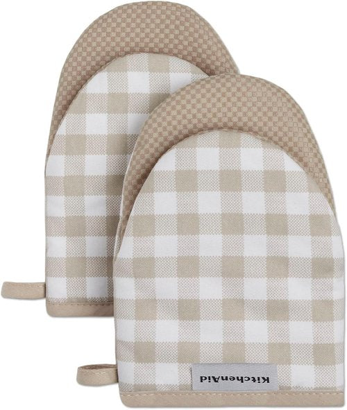 KitchenAid Mini Oven Mitts - Gingham 2-Pack Set in Milkshake Tan, 5.5"x8" for Easy Cooking