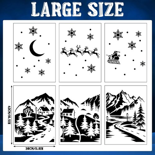 Leinuosen 6 Pcs Christmas Window Stencils - Reusable Winter Village & Santa Claus Designs | 35.4 x 33 Inches