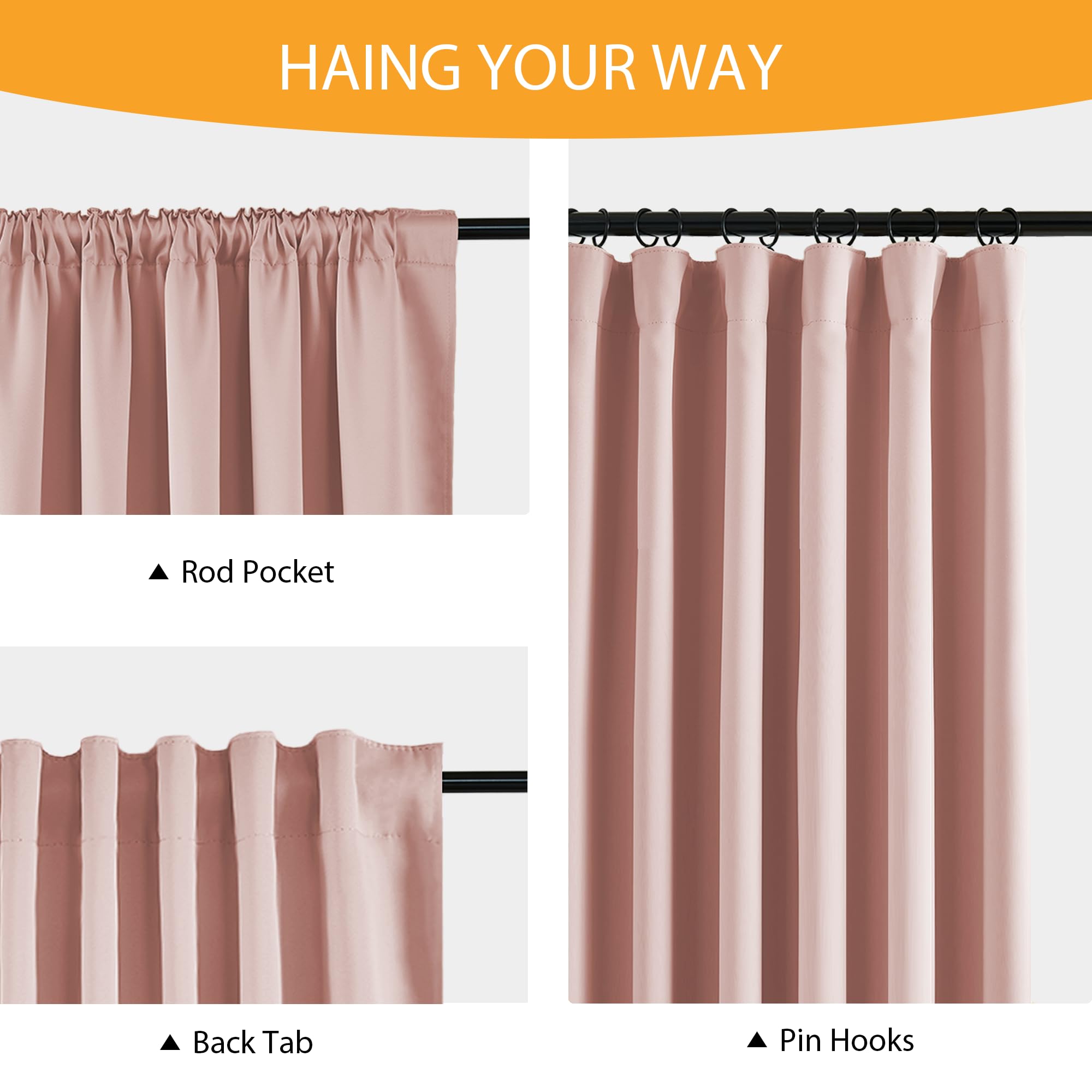 RYB HOME 100% Blackout Pink Curtains for Girls Bedroom, 2 Panels Blackout Thermal Insulated Noise Reducing Window Drapes for Kids Baby Room Living Room, 52 inches Wide by 84 inches Long