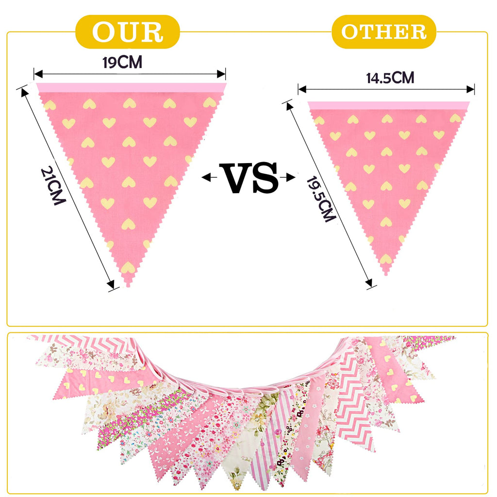 G2PLUS 39Ft Triangle Bunting Banner, 42Pcs Pink Floral Garland Pennant Banner, Reusable Cotton Triangle Flags Party Decoration for Birthday, Wedding, Garden Tea Party, Baby Shower, Room Decor