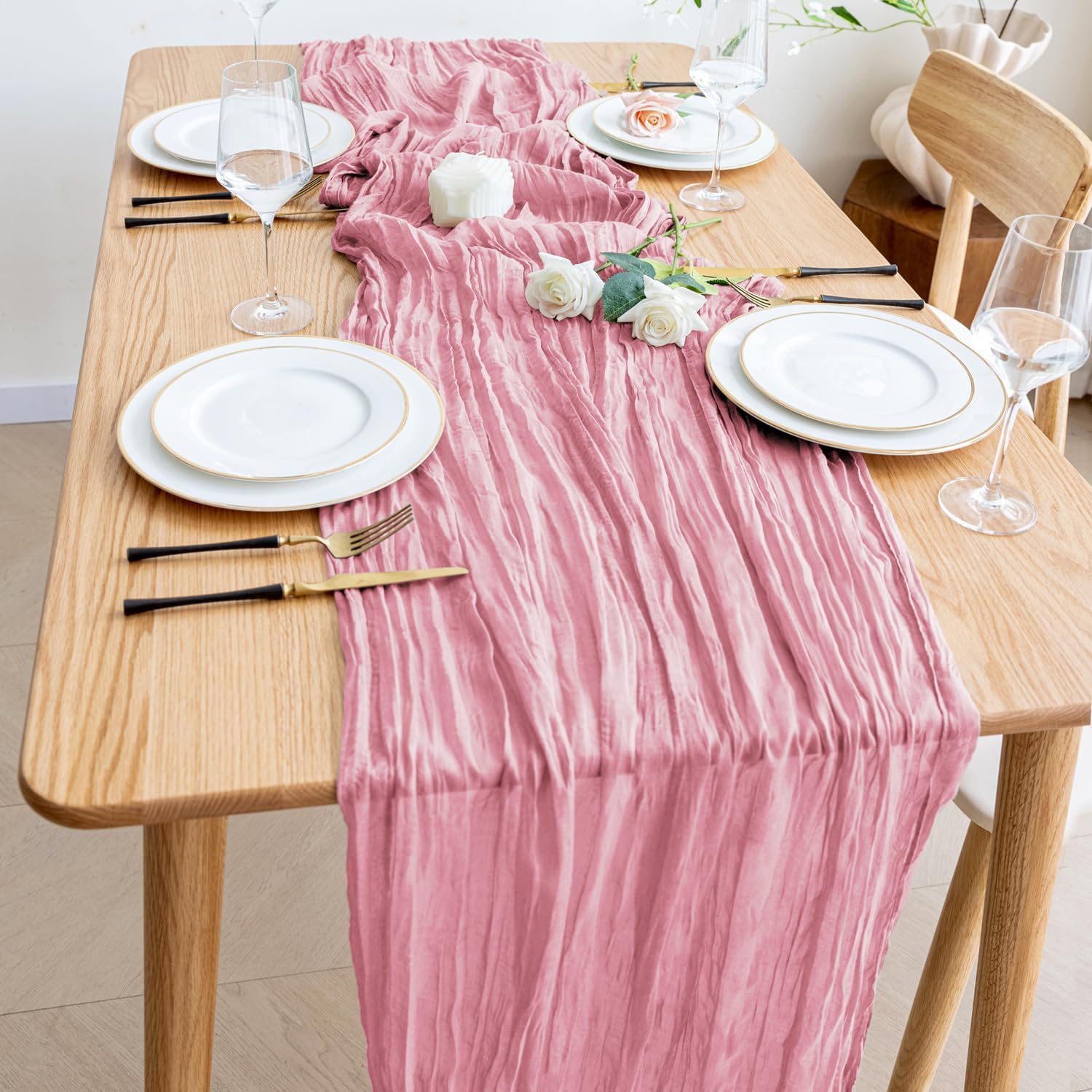 Wokceer Cheesecloth Table Runner - 10FT Pink Boho Gauze | 6-Pack Rustic Sheer Decor for Parties & Events