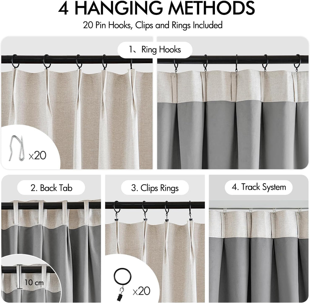 MIULEE 100% Blackout Curtains - Linen Pinch Pleated Thermal Insulated Drapes, 92 Inch Long, Beige & Greige, 2 Panels Set