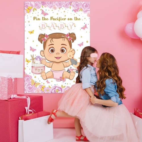 Pin The Pacifier On The Baby Game, Pink Baby Shower Decoration Pin Pacifier on Baby Poster Butterfly Theme Decor with 48 Pacifier Stickers Game for Baby Shower Party Birthday Party Supplies
