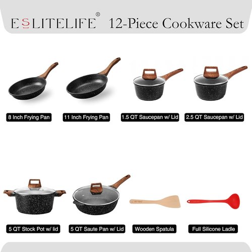 Eslite Life Nonstick Cookware Set - 12 Pcs Granite Coating Pots & Pans | PFOA Free, All Stovetops Compatible, Black