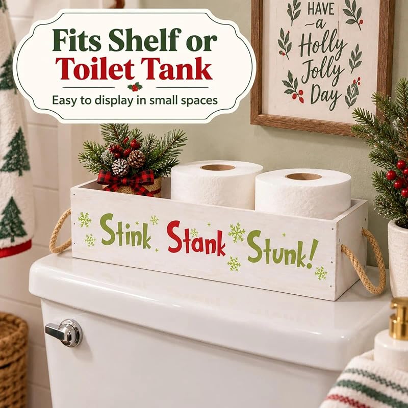 Christmas Wooden Toilet Paper Storage Basket with Rope Handles
