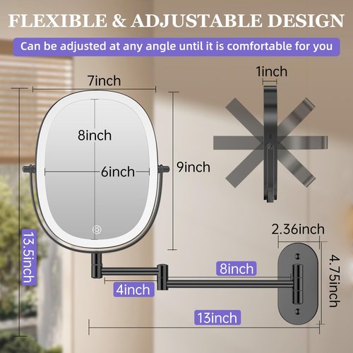FUNTOUCH 30X/1X Wall Mounted Lighted Makeup Mirror, 5000mAh Rechargeable Oval Double Sided Touch Switch Magnifying Mirror with Light, 3 Color Setting, Extended Arm 360°Swivel Foldable,Black