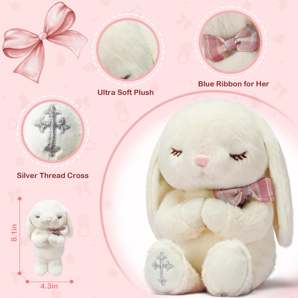 MyMateZoe Baptism Gifts for Girl, Great Christening, Dedication and Baptism Gift Set for Girl and Newborn Baby, Includes 7" Praying Bunny Plush Toy and Let Us Pray Baby Book in Keepsake Gift Box