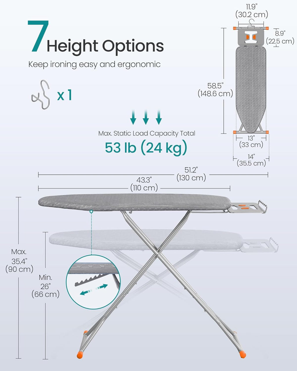 SONGMICS Ironing Board - Foldable & Height Adjustable with Retractable Iron Rest | 43 x 13 Inches, Dove Gray
