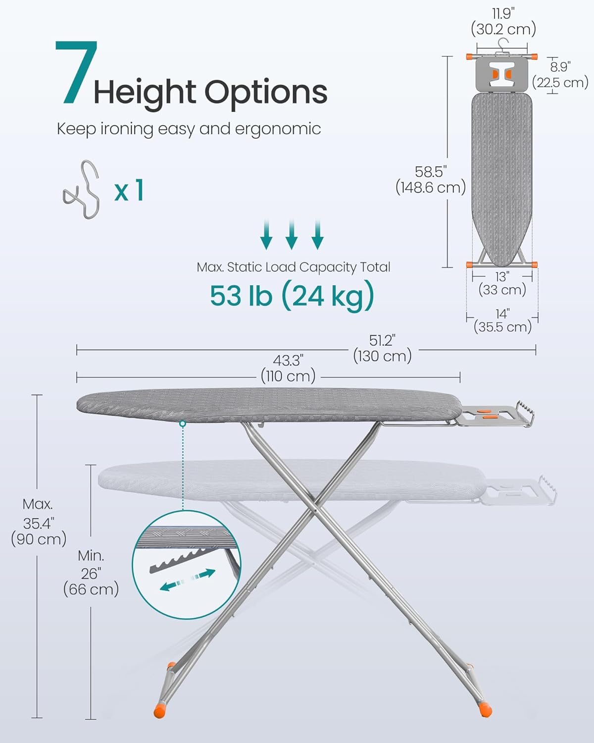 SONGMICS Ironing Board - Foldable & Height Adjustable with Retractable Iron Rest | 43 x 13 Inches, Dove Gray