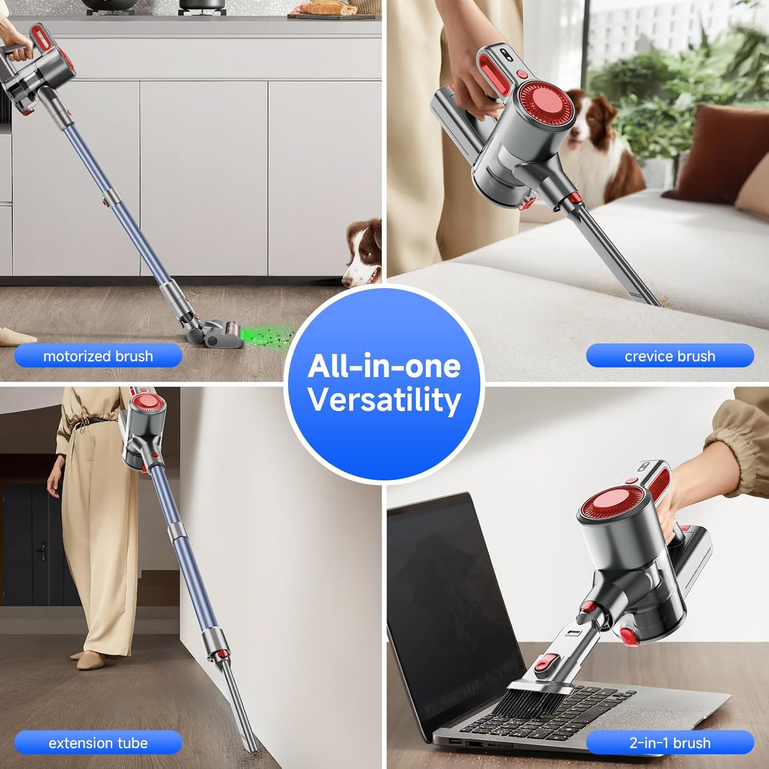 Skiennix Cordless Vacuum Cleaner - Powerful 6-in-1 Stick Vacuum with Anti-Tangle Brush & Removable Battery | Red