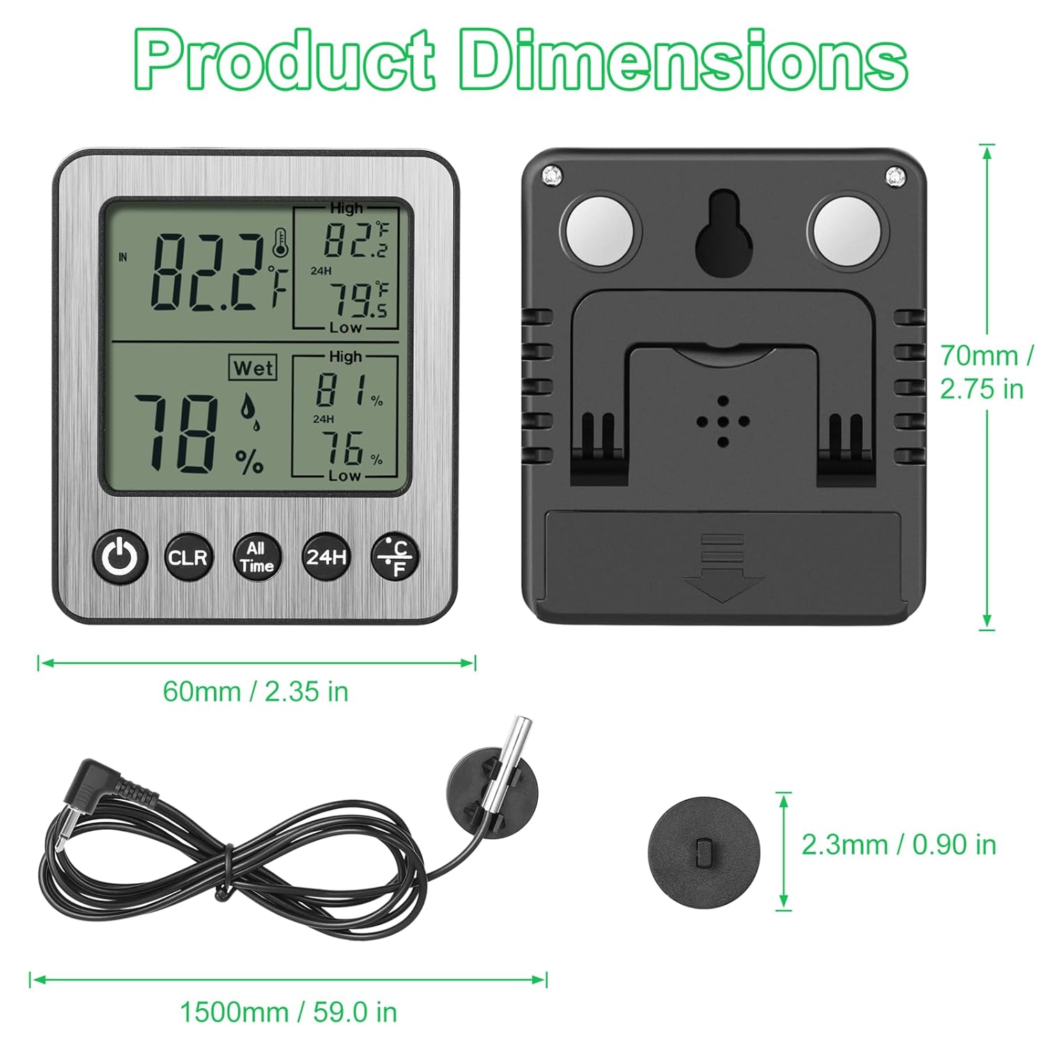 ZZ20 Digital Refrigerator Freezer Thermometer - Extra Sensor Reptile Hygrometer with Max/Min Memory