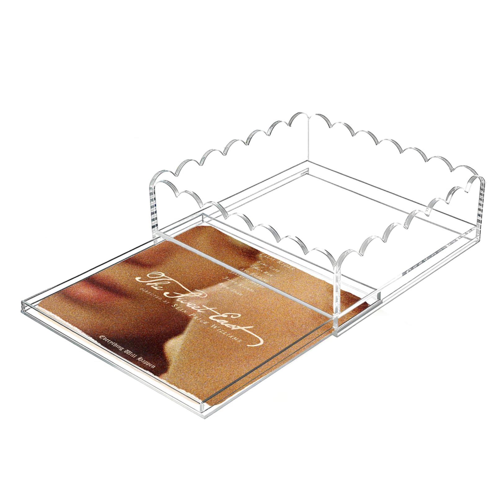 Acrylic Trays for Needlepoint 6" x 6", OUPSAUI Scalloped Acrylic Tray with Drawer for Insert Needlepoint, Photos, Art, Fabric, Napkin, Messages Display Basket, Decorative Tray Gift for Home Office