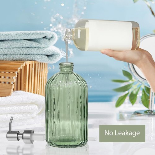 14Oz Green Soap Dispenser Bathroom - 2 Pack, Clear Glass Hand Soap Dispensers with Stainless Steel Pump, Refillable Dish Soap Dispenser for Kitchen, Countertop Soap Dispensers