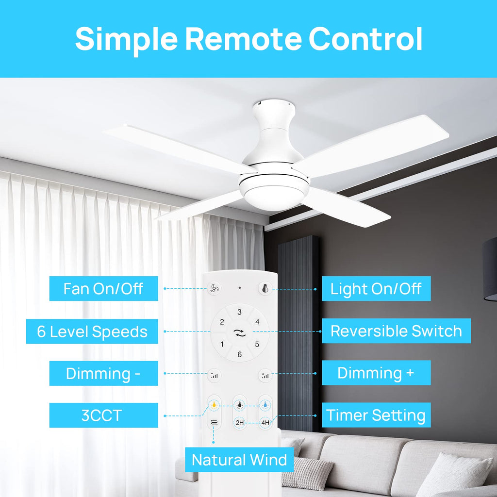 Consciot 52 inch Ceiling Fans with Lights Remote, Modern Ceiling Fan with Light, Dimmable 3 CCT, DC Motor, Easy Installation, Flush Mount for Bedroom Patio Living Room Kitchen Portico, Modern White