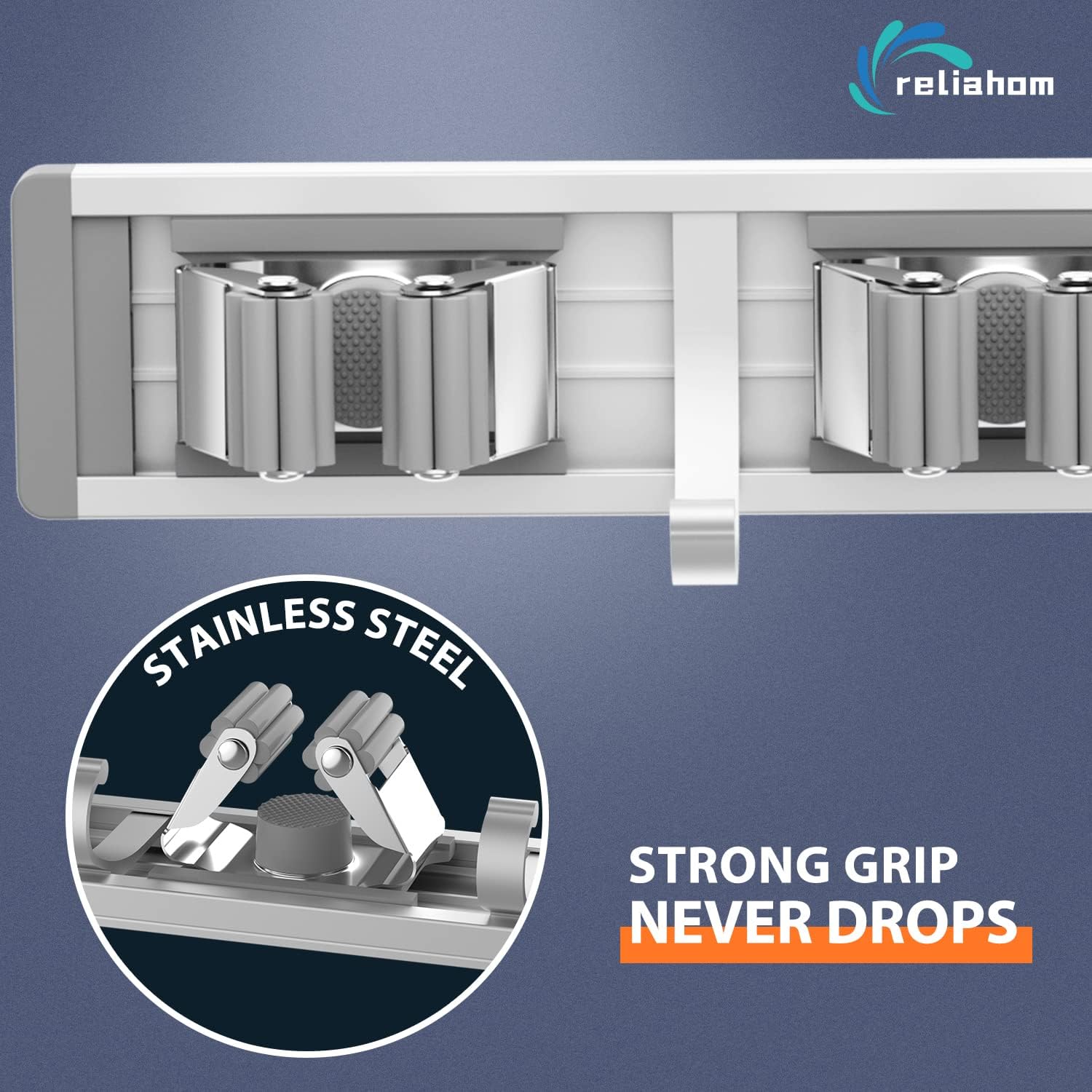 Reliahom Broom Holder Wall Mount - 5 Racks & 4 Hooks for Garage, Kitchen, Garden & Laundry