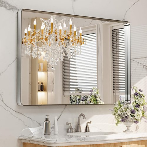 LOAAO Brushed Nickel Bathroom Mirror - 48x30 Inch Rounded Rectangle Design | Anti-Rust & Shatterproof