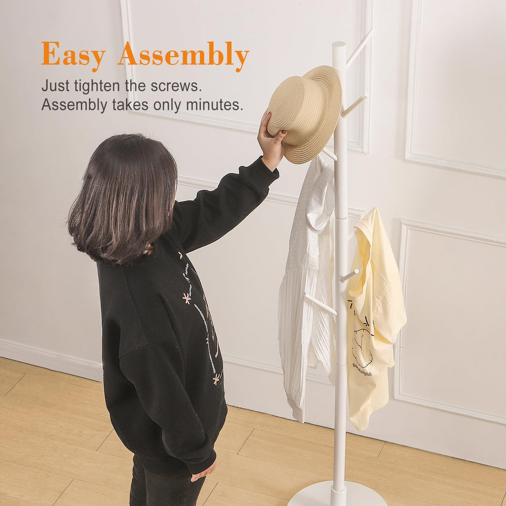 VECELO Coat Rack Freestanding, Entryway Hanger Stand, Umbrella Holder, Hall Tree With Hooks, Floor Standing Tree Stand,White